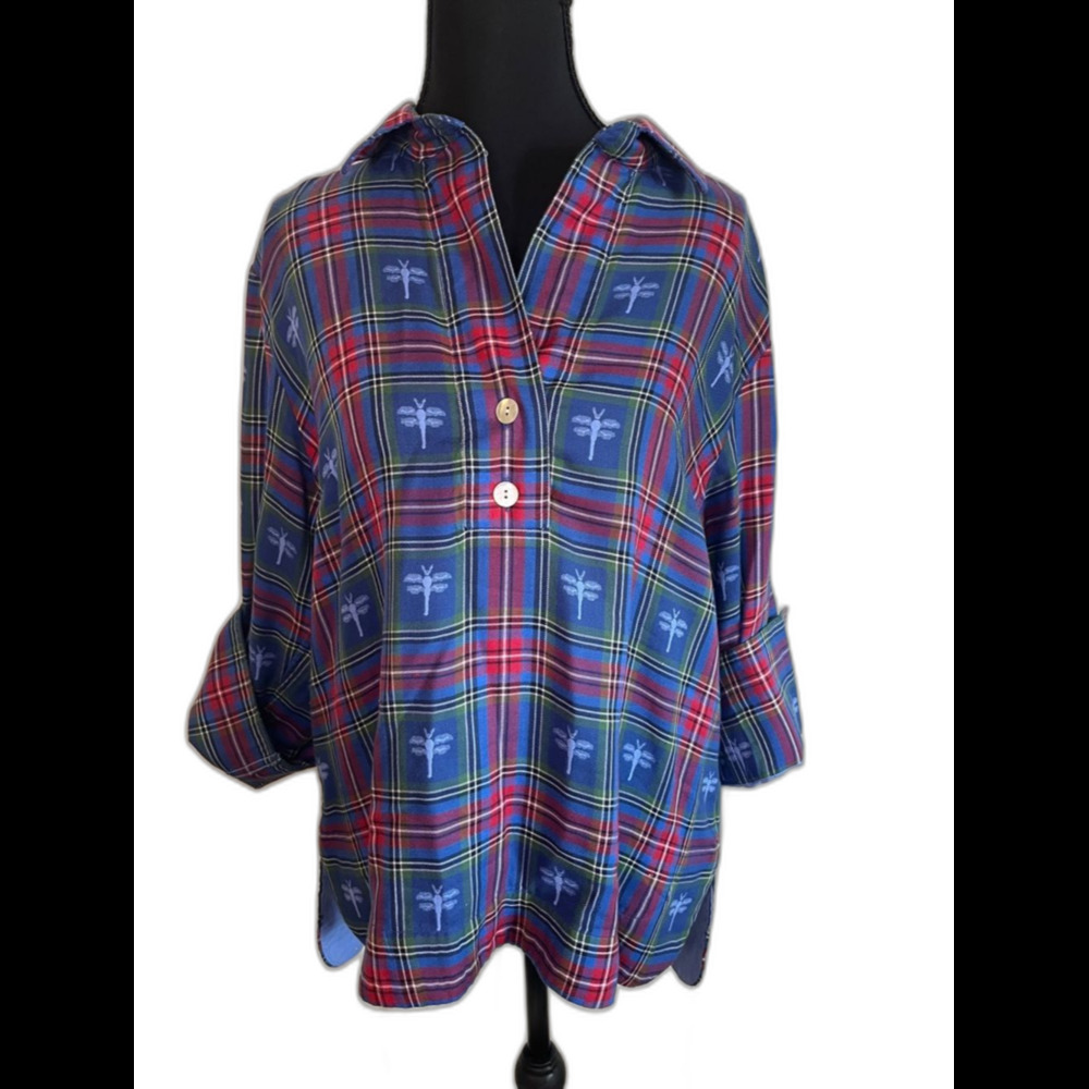 Hinson Wu Aileen Blue Dragonfly Tartan Plaid Half Placket Popover Top Medium